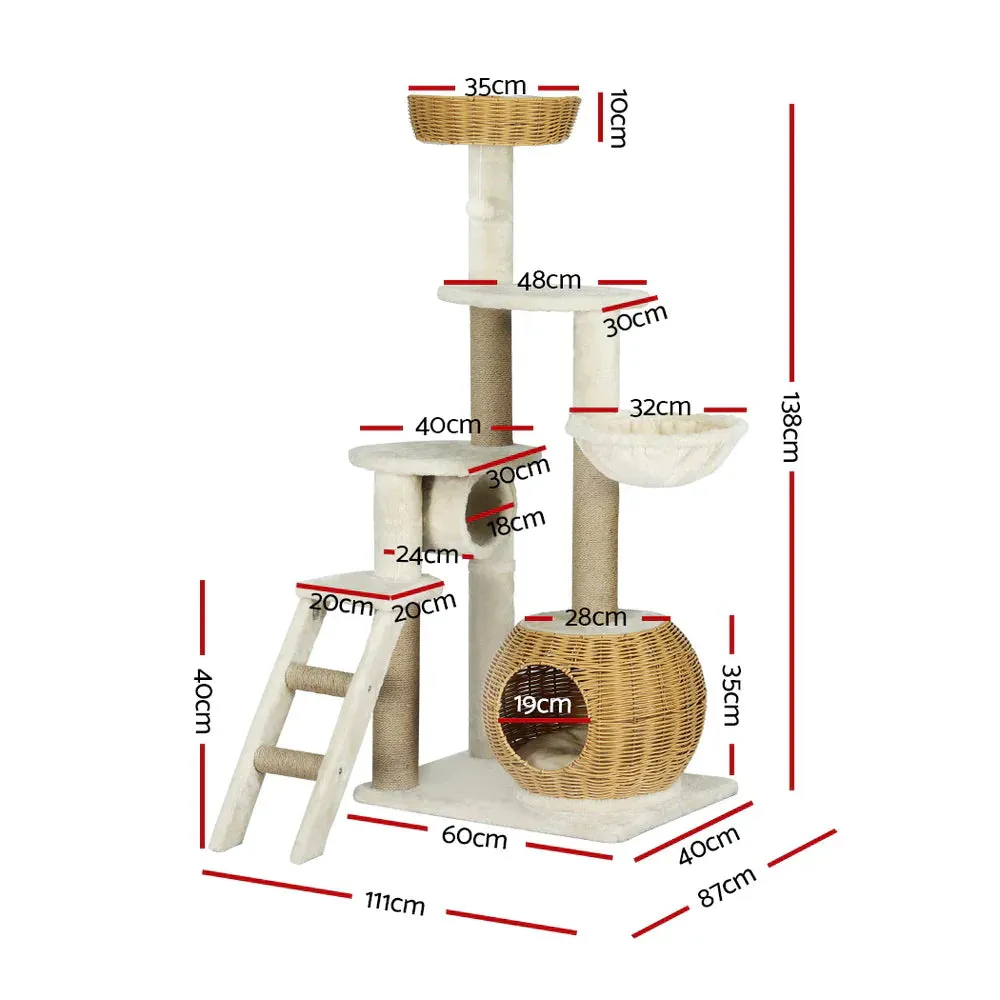 138cm Modern Rattan Cat Tower Scratching Post Condo