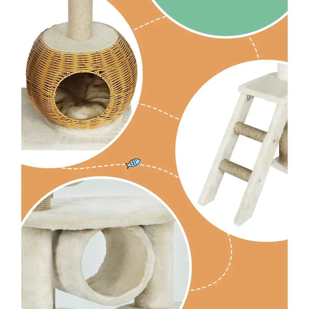 138cm Modern Rattan Cat Tower Scratching Post Condo