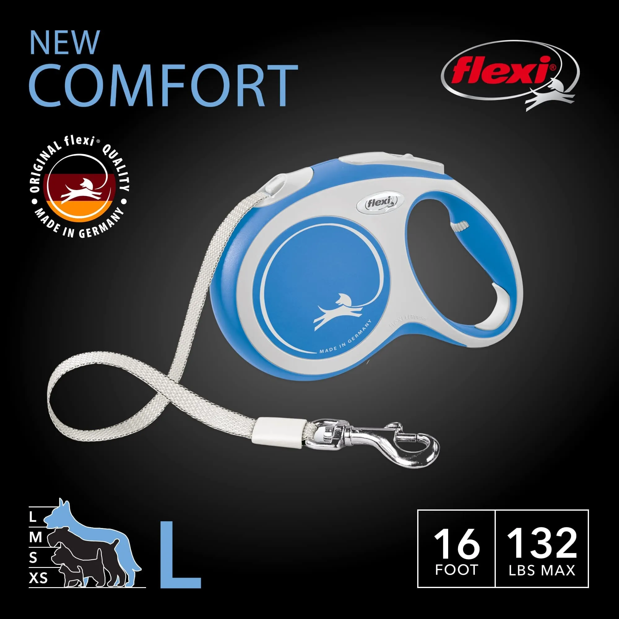 Flexi New Comfort Tape Rectractable Dog Leash - 33 Lbs - Blue - Small - 16 Feet