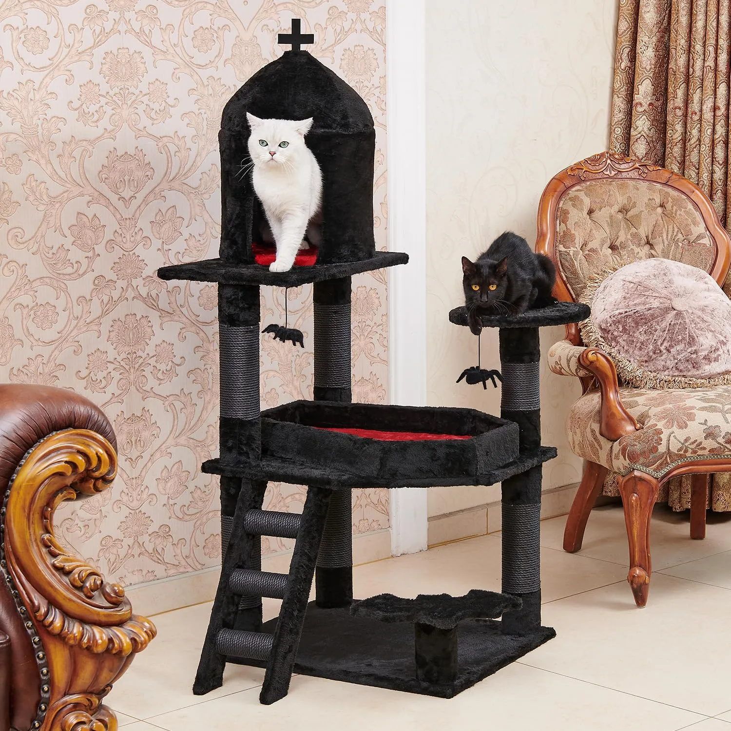 Gothic Cat Tree with Coffin Bed, 55" Cat Tower with Spacious Cat Condo, Scratching Posts