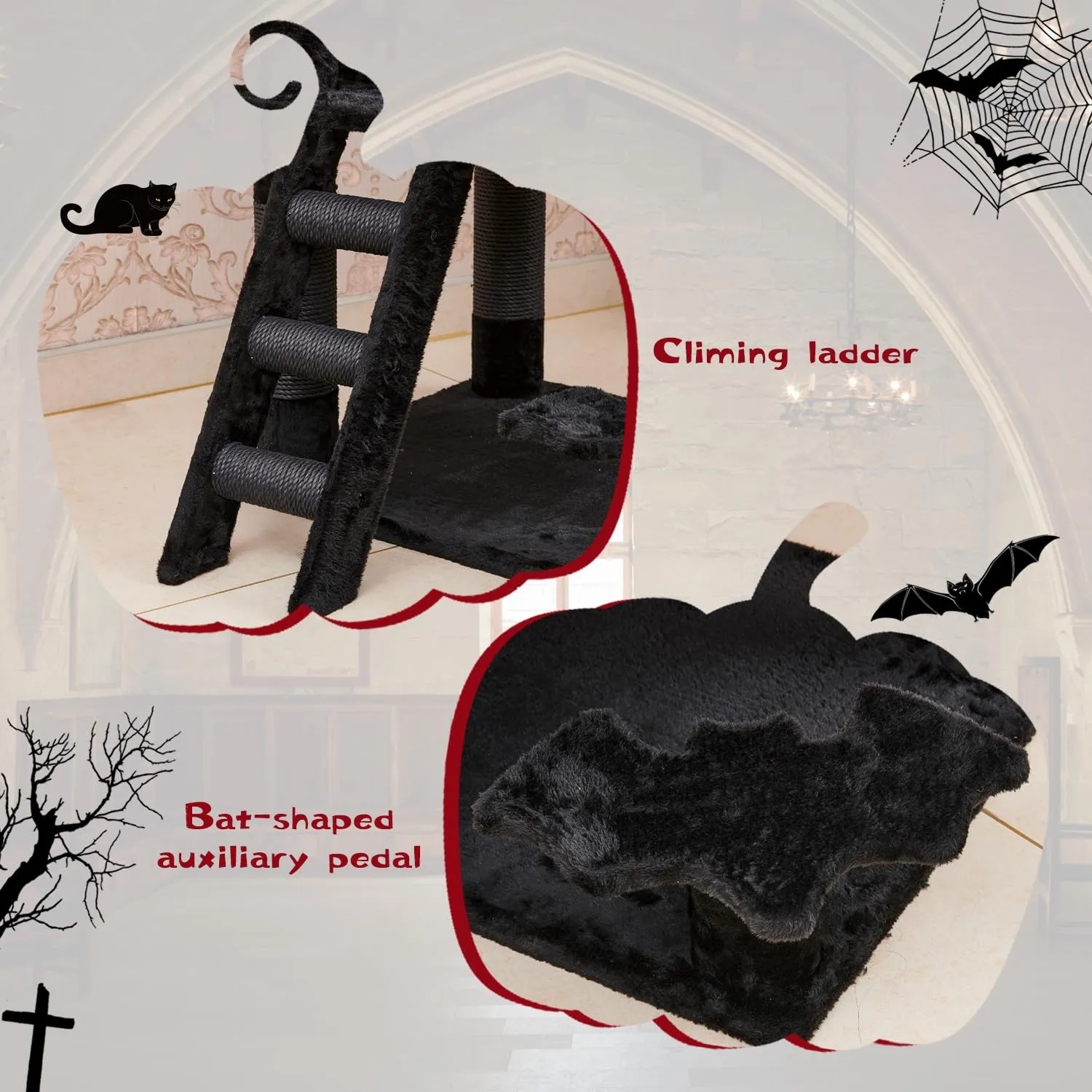 Gothic Cat Tree with Coffin Bed, 55" Cat Tower with Spacious Cat Condo, Scratching Posts