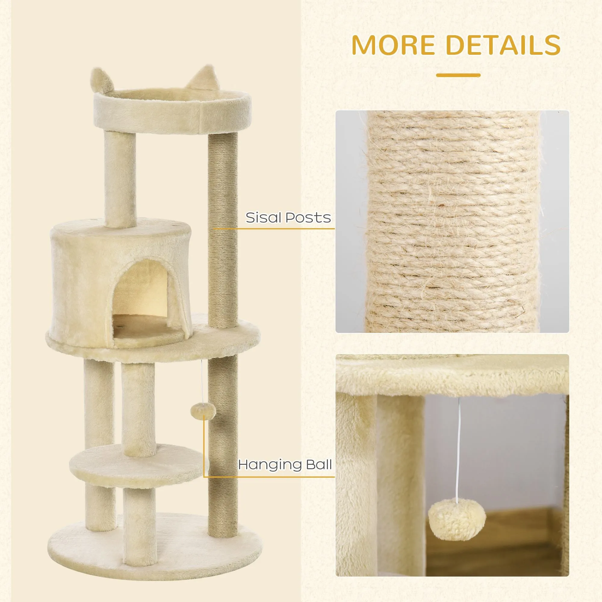 PawHut 4 Tiers 104cm Cat Tree w/ Scratching Posts Perches  Hanging Ball, Beige