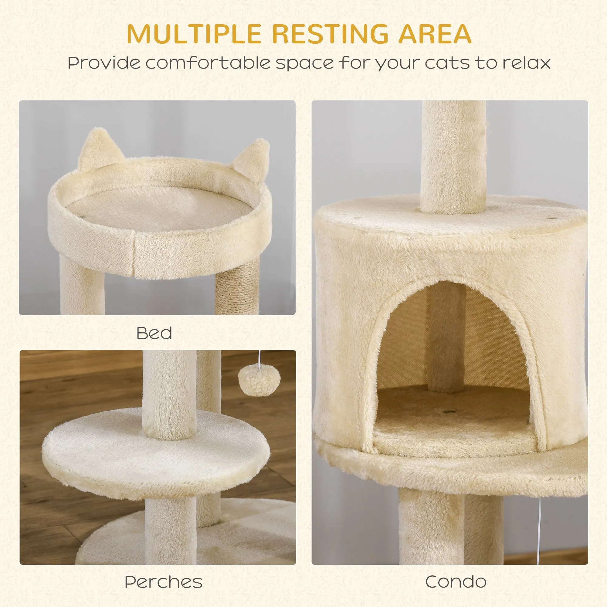 PawHut 4 Tiers 104cm Cat Tree w/ Scratching Posts Perches  Hanging Ball, Beige