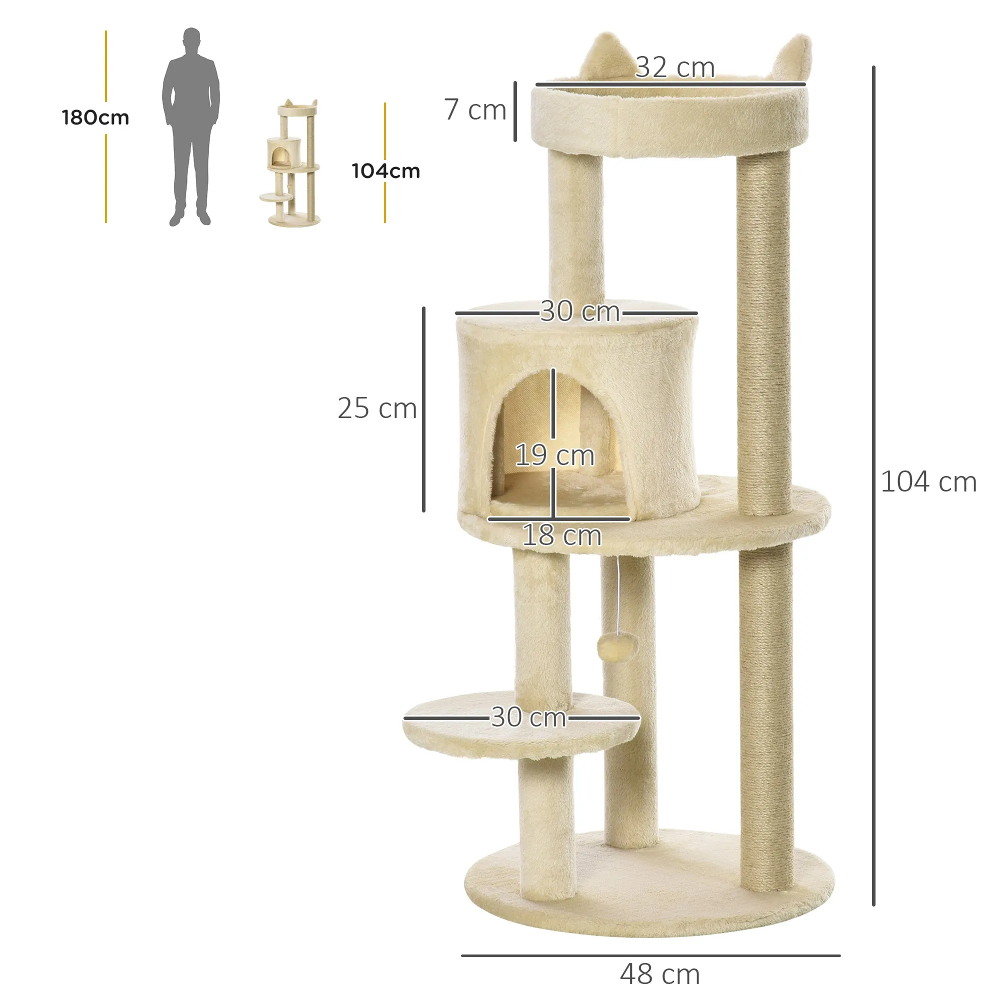 PawHut 4 Tiers 104cm Cat Tree w/ Scratching Posts Perches  Hanging Ball, Beige