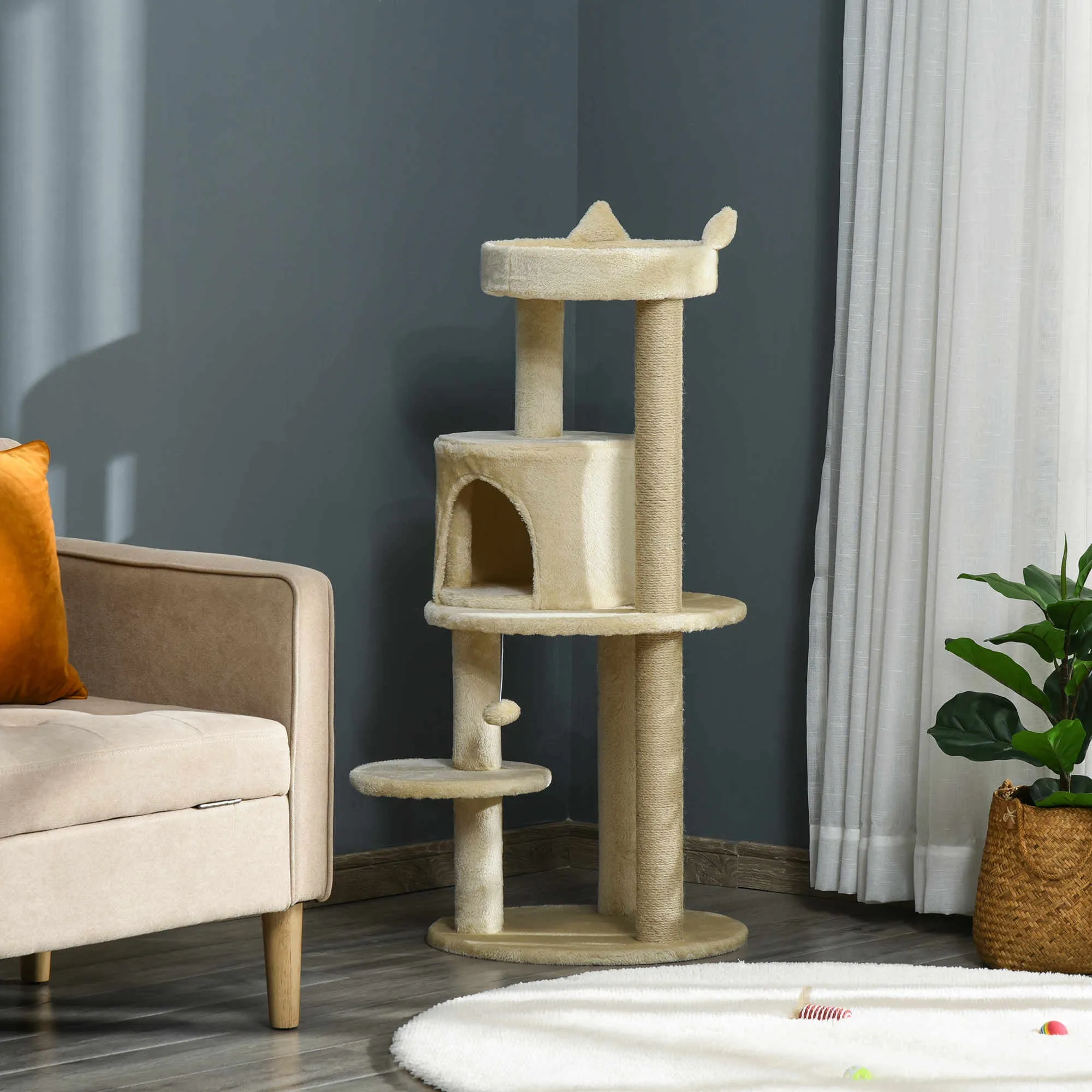 PawHut 4 Tiers 104cm Cat Tree w/ Scratching Posts Perches  Hanging Ball, Beige