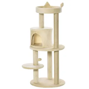PawHut 4 Tiers 104cm Cat Tree w/ Scratching Posts Perches  Hanging Ball, Beige