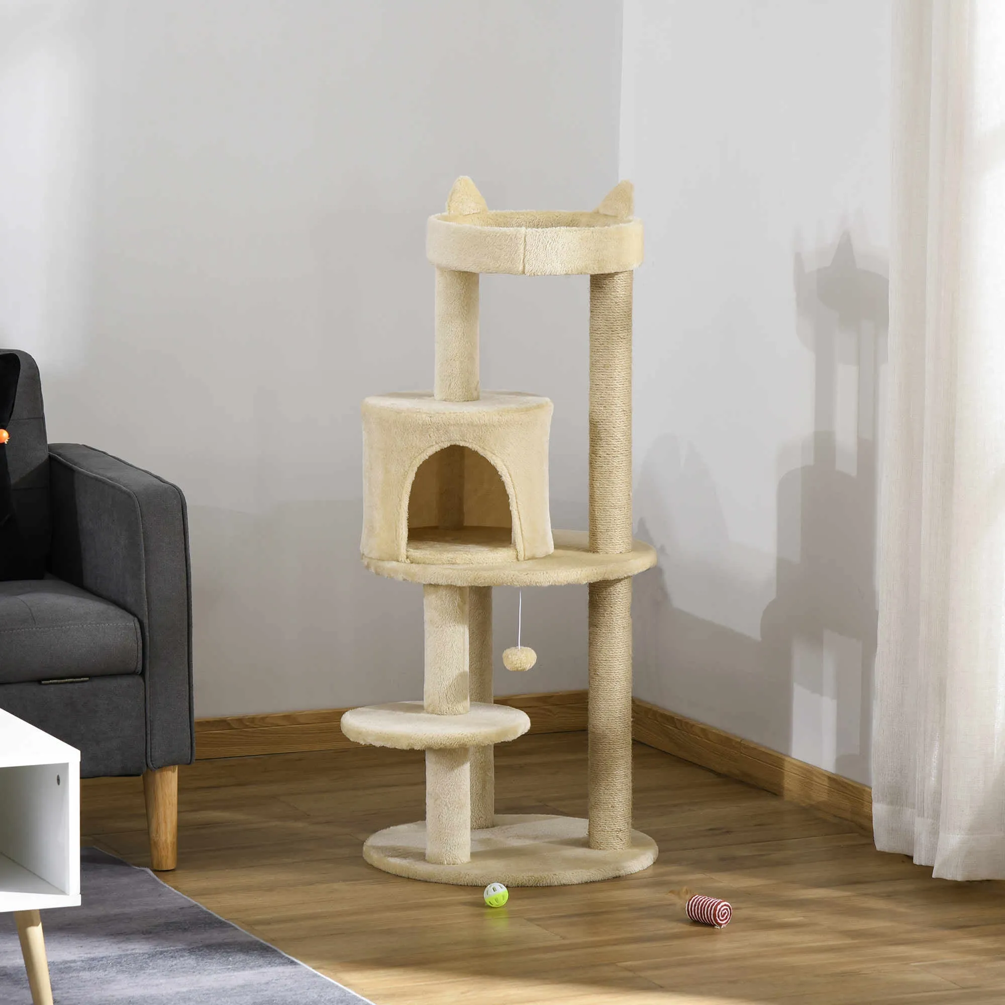 PawHut 4 Tiers 104cm Cat Tree w/ Scratching Posts Perches  Hanging Ball, Beige